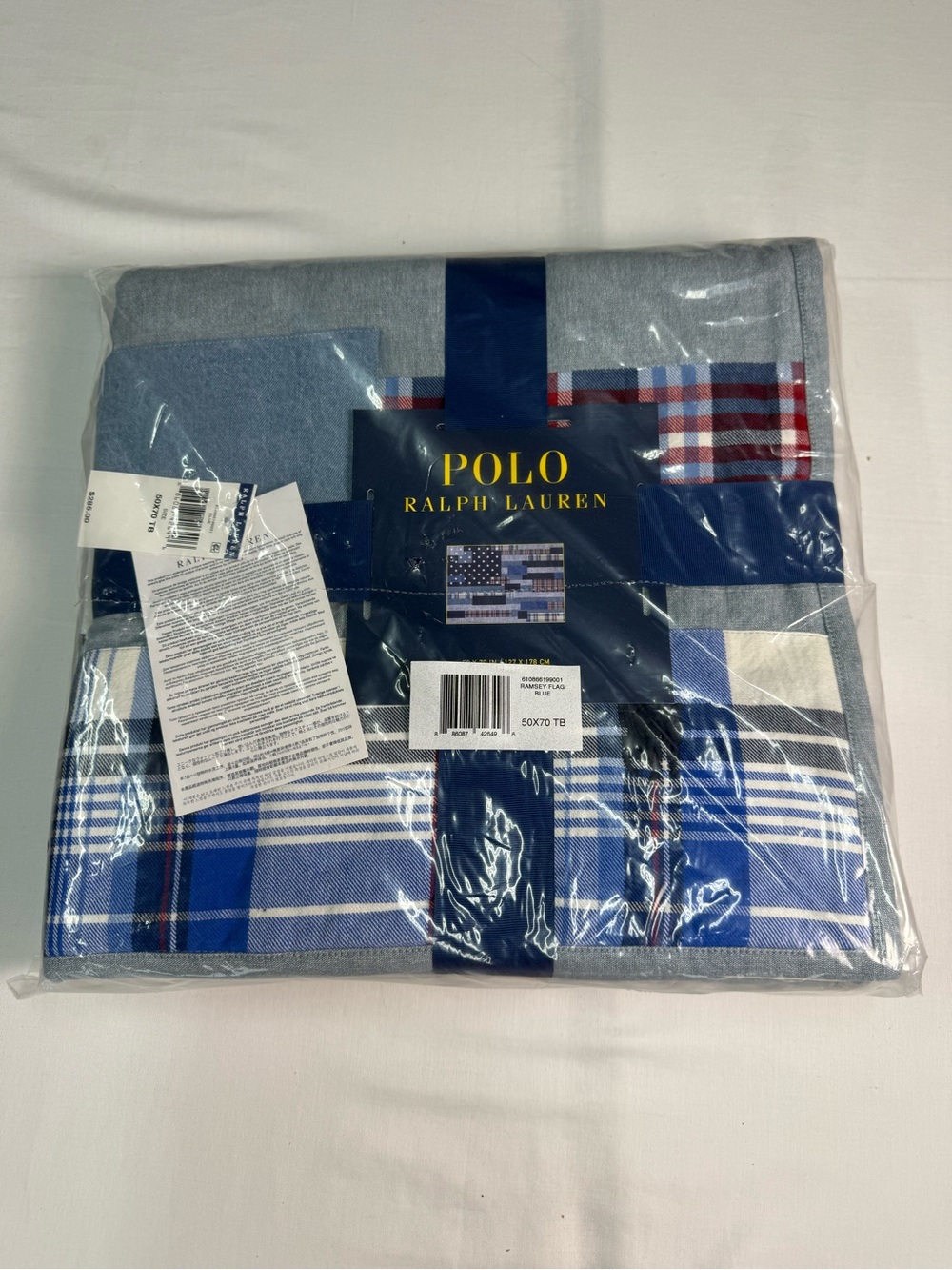 $285Polo Ralph Lauren Ramsey Patchwork Flag 100% Cotton Denim Blue Throw Blanket